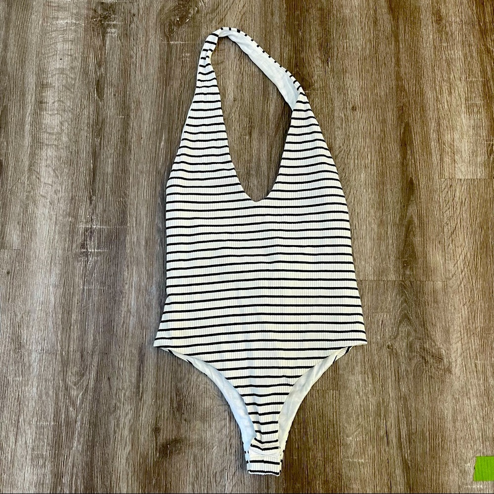 White & Black Striped Halter Bodysuit